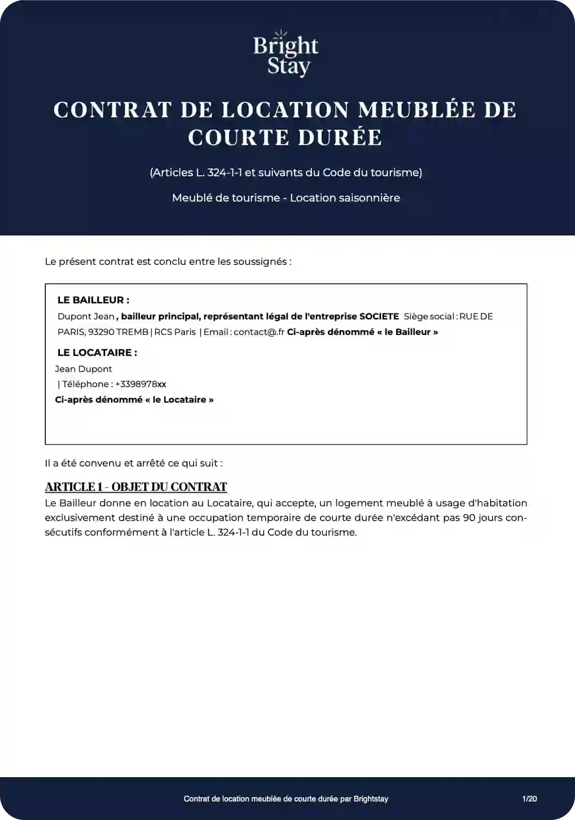Aperçu d'un contrat de location saisonnière Brightstay - Page 1 avec informations du bailleur et du locataire