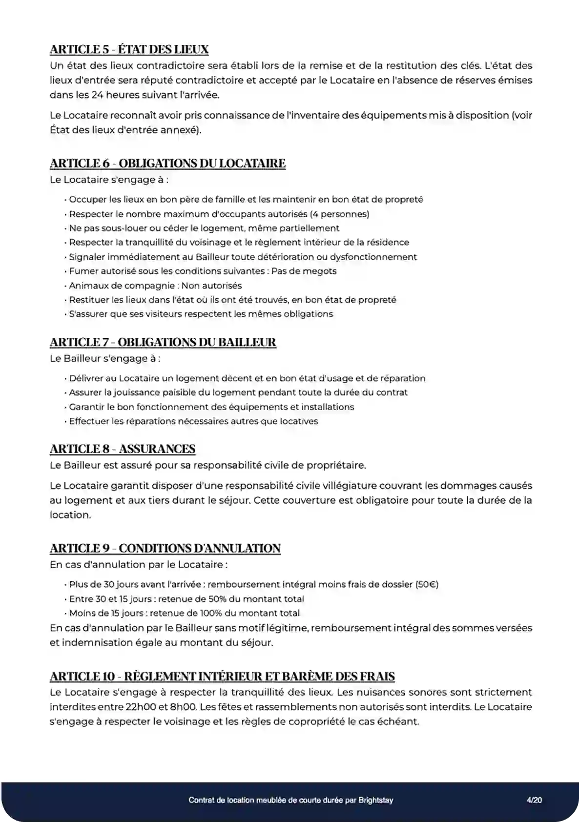 Aperçu d'un contrat de location saisonnière Brightstay - Page 2 avec description du logement et conditions